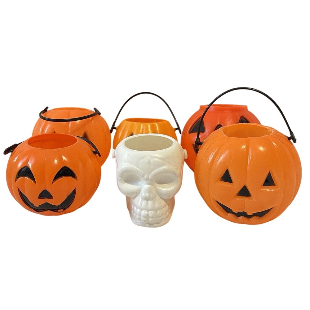 Vintage Halloween Jackolantern Pumpkin‎ Skull Mini Candy Buckets Pail Blow Mold